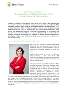 Elicit Plant announces the appointment of Slavica Djonovic, Ph.D, as Chief Scientific Officer (CSO)